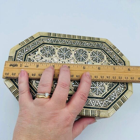 Vtg Large Mother of Pearl Hand Crafted Wooden Inlaid Jewelry Box Micro Mosaic - Picture 11 of 12